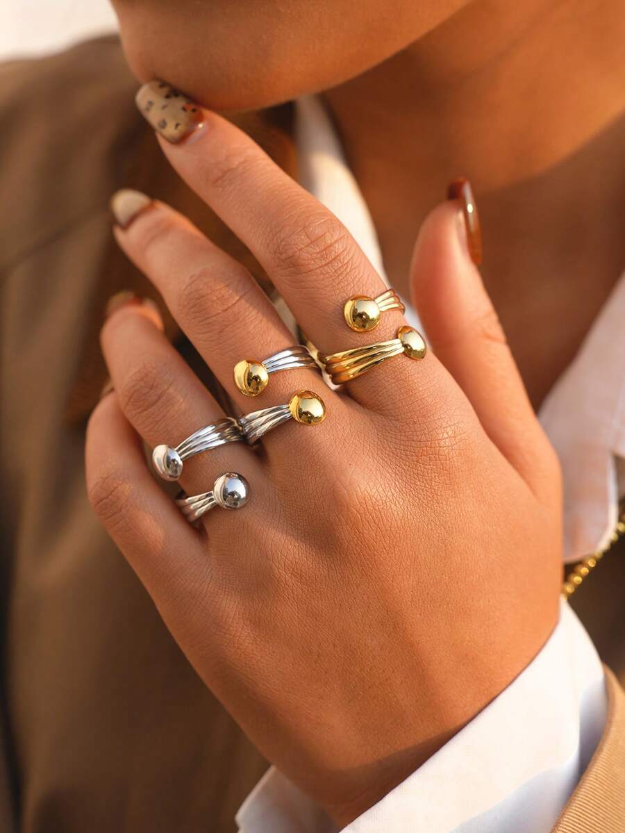 3pcs/1pc Fashionable Geometric Line Gold Stainless Steel Rings, Personalized Stackable Knuckle Rings For Women, Suitable For Vacation, Date, Gift, Daily Matching, Best For Valentine's Day, Mother's Day - Multicolor - View 1