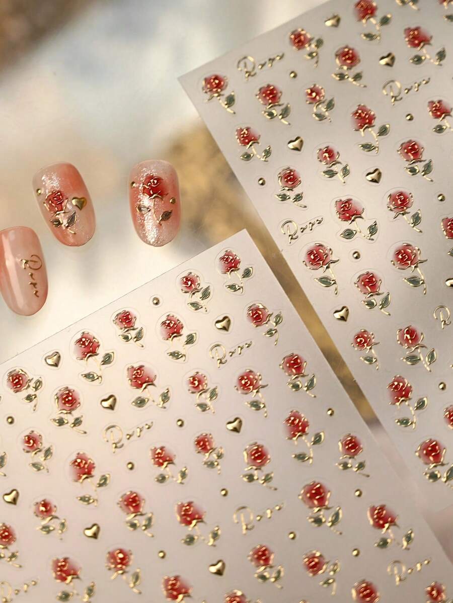 1片多色金色日式复古迷雾玫瑰心形盛开花瓣优雅5D美甲贴纸自粘按压式美甲贴,适合女性浪漫美甲装饰,可用于婚礼派对等特殊场合 - 彩色 - 查看 1