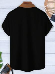 Vintage Bowling Coconut Tree Striped 3D Print Plus Size Men's Button Pocket Short Sleeve Shirt - Brown - View 4