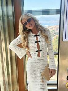 Senya Women's New Long Sleeve Hollow Out Knit Maxi Dress, New Chinese Style Design, Round Neck Elegant Elegant, Casual Commute, Banquet, Party, Date, Beach, New Year, Valentine's Day Soft Coverup Dress, Long Slim Fit - White - View 3