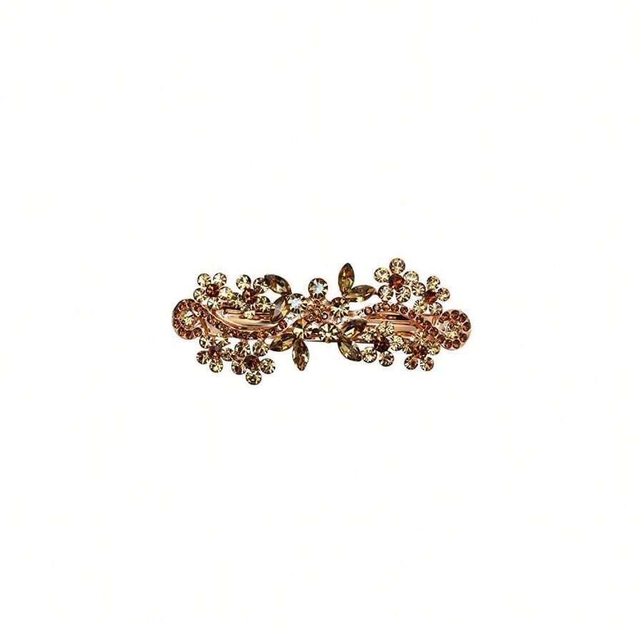 D Topaz Color Brown Crystal Floral Hair Barrette Clip - SmokedTopaz - View 1