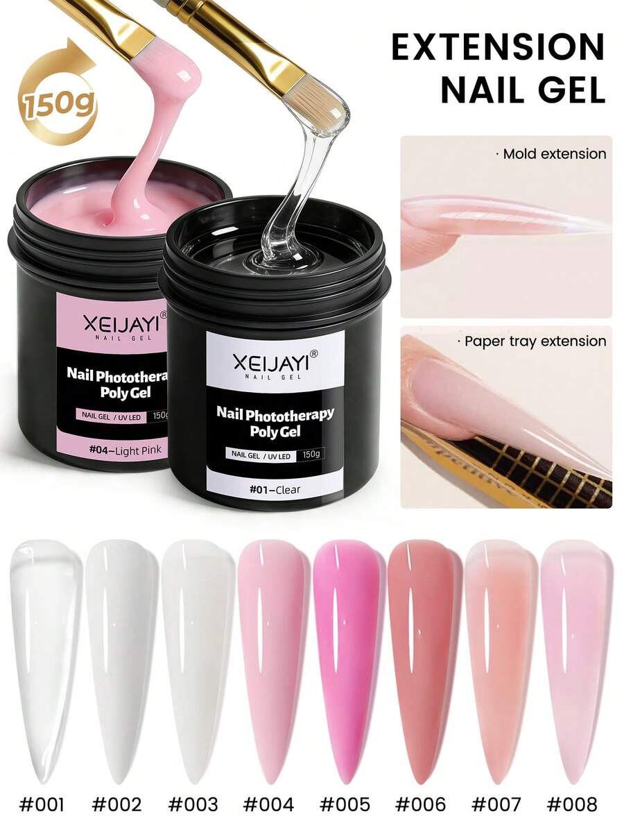 XEIJAYI 6色150克UV/LED固化凝胶美甲延长胶，适合家庭美甲沙龙DIY，可用于制作亚克力水晶美甲延长胶。 - 粉色 - 查看 1