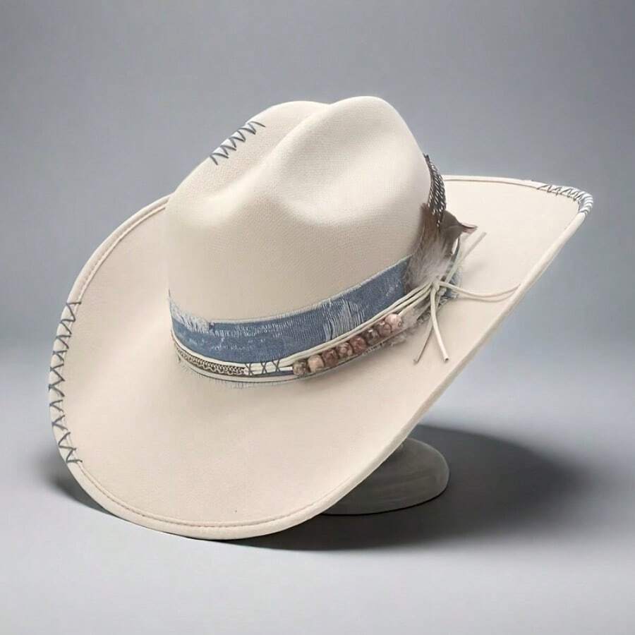 1 Handmade Unisex Autumn/Winter Western Style Cowboy Felt Hat - Beige - View 1