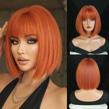 7JHH WIGS 女士短款橙色波波头假发，短直发带刘海，全机织合成耐热假发，适合日常派对、音乐节庆典和角色扮演等场合佩戴，12英寸 - 橘色 - 查看 13