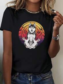 Fun Husky Print Round Neck T-Shirt Casual Short-Sleeved Top Women's Wear For All Seasons, Suitable For Christmas, Easter, Halloween, Thanksgiving, Etc. - 黑色 - 查看 1
