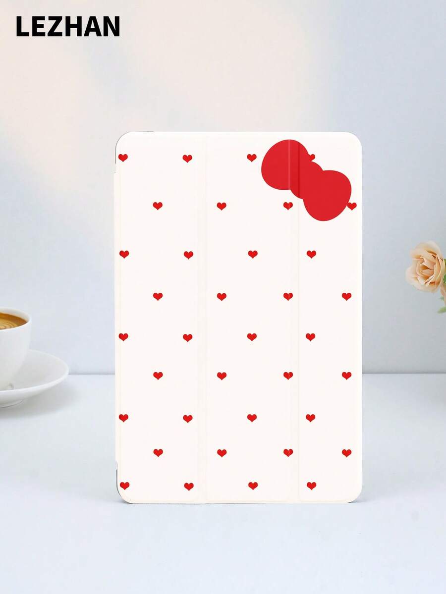 1pc Red Heart & Knot Pattern Flat Protective Case With Tri-Fold Stand, Compatible With 10.2", Pro 11" 2021/2020/10th Gen, Mini 4/5/6, (A16) 11" 11th Gen 2025, Galaxy Tab A8 10.5" 2022, Matepad 10.4"/Tab, With Pencil Slot, Anti-Drop, Tablet Stand Protective Cover, Romantic Valentine's Day Gift - Multicolor - View 1
