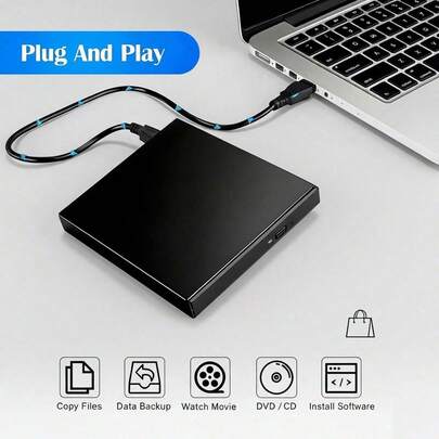 1ks externí přenosná čtečka CD/DVD, kompatibilní s notebooky a stolními počítači, kompaktní a přenosný design, vysokorychlostní čtečka pro notebooky, kancelář, čtečka DVD/CD, kompatibilní s operačním systémem Windows, nevyžaduje baterii, nemá funkci vypalování, nečte prázdná DVD