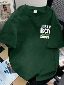 Boys' Football Letter Print Round Neck Short Sleeve T-Shirt, Spring/Summer New Kids Graphic Tee - Dark Green - View 2