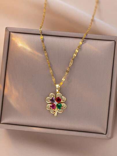 1pc Gold-Color Rhinestone Four-Leaf Clover Pendant Necklace, Sweet Lucky Chic Style Jewelry, Suitable For Dates, Gifts, Daily Wear (OPP Bag Packaging)