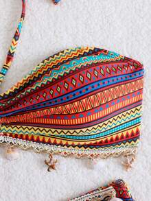 豹纹印花可调节比基尼两件套，女士挂脖泳衣沙滩度假泳装夏季 - 棕色 - 查看 5