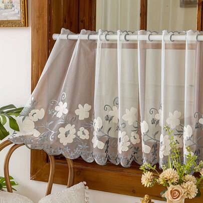 1pc Bohemian Floral Embroidered Sheer Small Window Curtain, Rod Pocket Top Hanging, Suitable For Garden, Living Room, Bedroom, Balcony, Kitchen, Home Decor