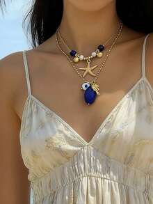 imoli 1入組波西米亞風格海星椰樹形滴油眼吊墜多層項鍊，附送派對禮物（注意：每個批次的綠松石石頭可能會有略微的顏色變化和不同的紋理） - 26750-blue - 查看 4