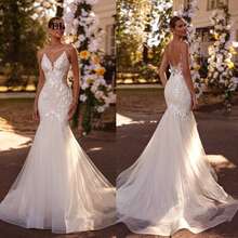 Elegant Sexy V Neck Backless Mermaid Tulle Wedding Dress,Registry Office Dresses Bridal Gown,Evening Party Dress Birthday Party Dress Country Wedding,Romantic Church Ceremony Wedding Dress,Suitable For Wedding,Dating,Party,Singles' Party,Vacation,Formal Occasions,Dinner Dress,Prom Dress,Homecoming Dess,Cocktail Party,Wedding Guest Dress,Graduation - 白色 - 查看 1