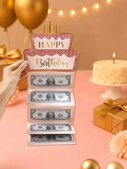 Pink & Gold Birthday Paper Money Card With Envelope, Pink & Gold Happy Birthday Envelope, Birthday Cash Gift Envelope, Cash Box, Folding Birthday Card, Birthday Celebration, Baby Shower Decor, Unique Creative Cash Holder, Party Favor, Birthday Gift Packaging Supplies, Birthday Hongbao, Birthday Party Favors, Birthday Decorations, Birthday Party Supplies