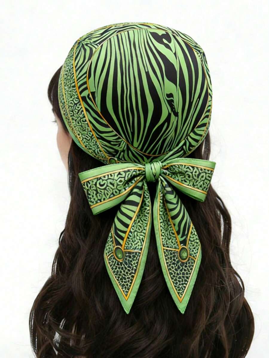 1条方形丝巾，女士缎面印花发带，头巾，时尚头巾，披肩，围巾，送给女朋友、妈妈的礼物 - 綠色 - 查看 1