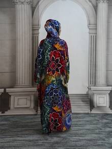 Women's Printed Hooded Long Robe, Drawstring Bishop Sleeves, Woven Non-Stretch Fabric Vacation - Multicolor - View 6