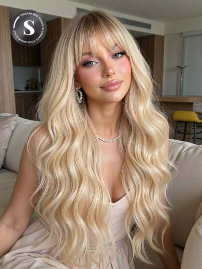 26 Inch Long Wavy Synthetic Wig For Women, Golden Color, Natural Wave Bangs, Heat Resistant Fiber, Elegant Style, High Quality, Comfortable Mesh Cap Suitable For Travel, Multipurpose, Perfect For Music Festivals, Daily Wear, Suitable For All Users, Applicable For Weddings, Halloween, Christmas, Mother's Day, Graduation, Ramadan Gifts
