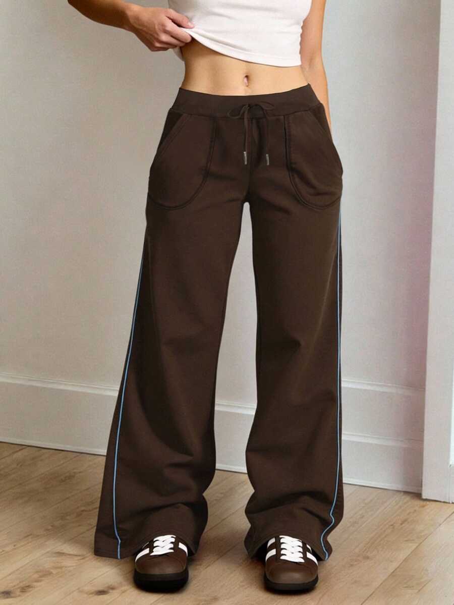 女士休闲直筒抽绳运动裤，宽松版型，适合海滩、运动、办公、居家、街头穿着，春、秋、冬三季皆宜，也适合毕业季、返校季、女教师等场合，撞色设计，舒适百搭。 - 棕色 - 查看 1