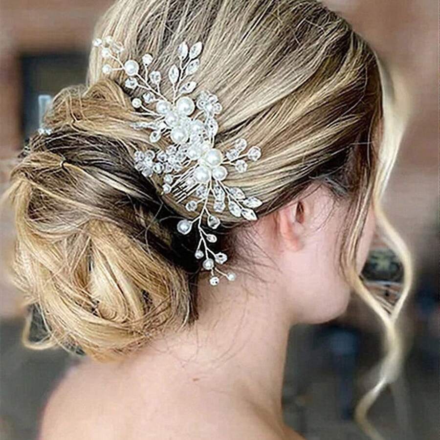 优雅水晶花朵新娘发梳，银色点缀，婚礼发梳，新娘发梳，婚礼专用发梳，新娘发饰，发饰和头饰，侧梳，学生用品，发饰，头饰，伴娘 - 彩色 - 查看 1