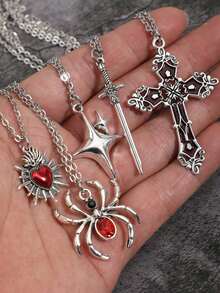 Y2K复古哥特朋克摇滚风红心宝石玫瑰十字心红宝石蜘蛛剑吊坠项链不锈钢链个性化嘻哈项链套装可叠戴，男女皆宜 - 銀色 - 查看 1