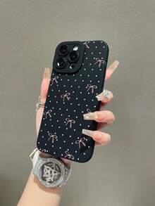 1pc Minimalist White Polka Dot & Pink Bow Pattern Painted Pupil Black Matte Texture TPU Material Pupil Anti-Drop Phone Case, Suitable As Gift For Boyfriend/Girlfriend, Compatible With Apple, And Other Android Models - Multicolor - View 3