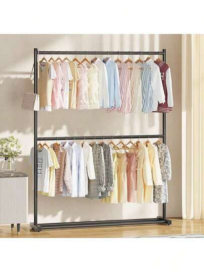 2段式クローゼットラック、スタンディングワードローブハンガー、省スペースの寝室用ラック、簡単組み立て、2段階金属製ハンガー  ドレス、パンツ、靴、ジーンズ、ブーツ、スカート、春夏シーズンのミニマリストトップス