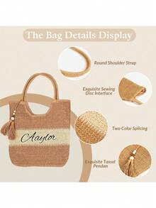 Personalized Straw Bridesmaid Handbag, Custom Bridesmaid Beach Bag, Bridesmaid Gift Basket, Bachelorette Party Tote Bag, Bridal Shower Gift - Straw Handbag - View 3