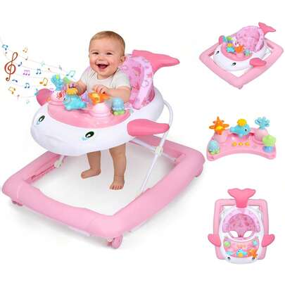 Baby Walker & Activity Center With Music & Lights,3 Adjustable Height, Anti-Rollover Base & Foldable Design For Infant Boy And Girl 6-18 Months,Pink Flower
