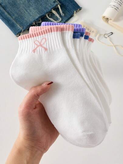 5 Pairs Women's Short Socks, Bow Tie White Ankle Socks, Suitable For All Seasons, Random Colors
