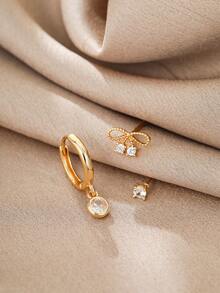 Nooxian 3件套斋月多层耳骨穿孔耳环套装，简约日常金色蝴蝶结铜锆石耳钉套装，日常叠戴饰品礼品（不含礼盒） - 金黃色 - 查看 4