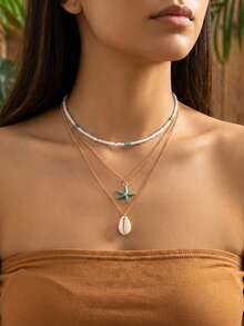 1件夏季度假时尚海洋沙滩风可叠戴编织串珠海星吊坠项链，绝佳礼物之选 - 彩色 - 查看 1