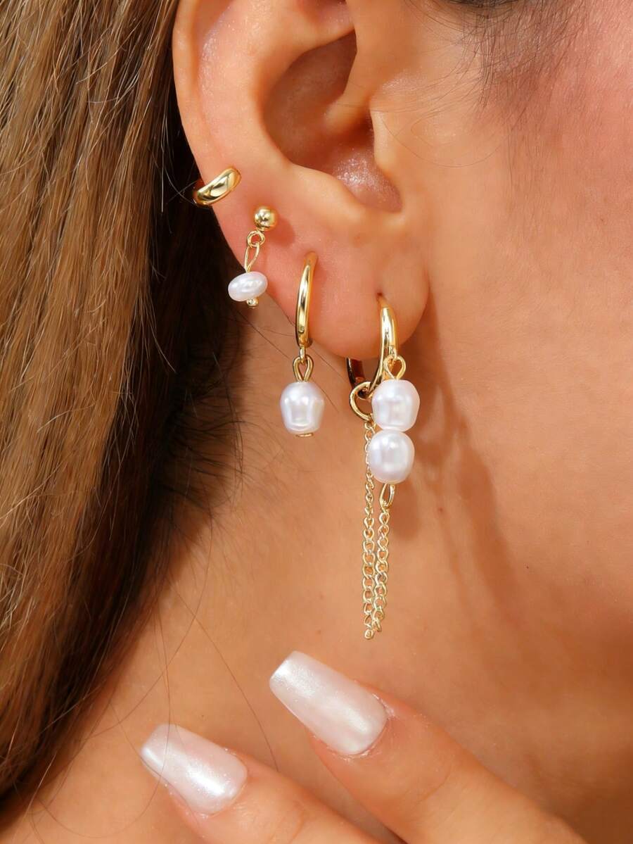 8件套新款巴洛克不规则珍珠耳环套装，时尚小众优雅耳钉套装，精致珍珠首饰礼盒套装 - 套裝耳環 - 查看 1