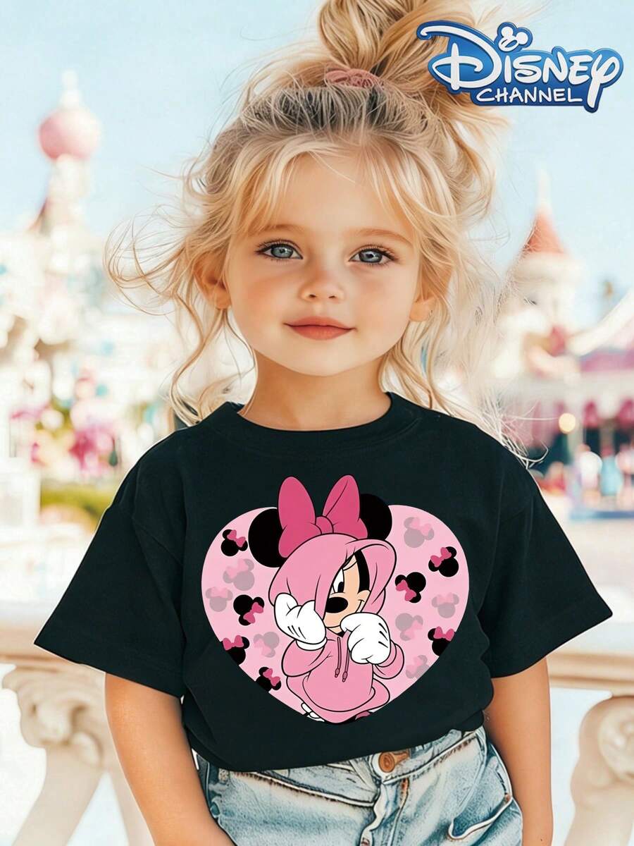 Minnie Mouse In Pink Hoodie The Floral Pattern Disney Summer Girls Round Neck Short Sleeved Baby Tops Are Suitable For Daily Wear Comfortable And Breathable And Fashionable And Versatile They Are The Perfect Gift For Children - 黑色 - 查看 1