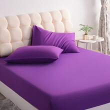 3pcs Solid Color Fitted Sheet Set  With 1pc Fitted Sheet+2pcs Pillow Case Without Filler, Modern Soft Bedding Set For Household Sheet Deep Pocket Up To 15 Inch - 紫色 - View 2