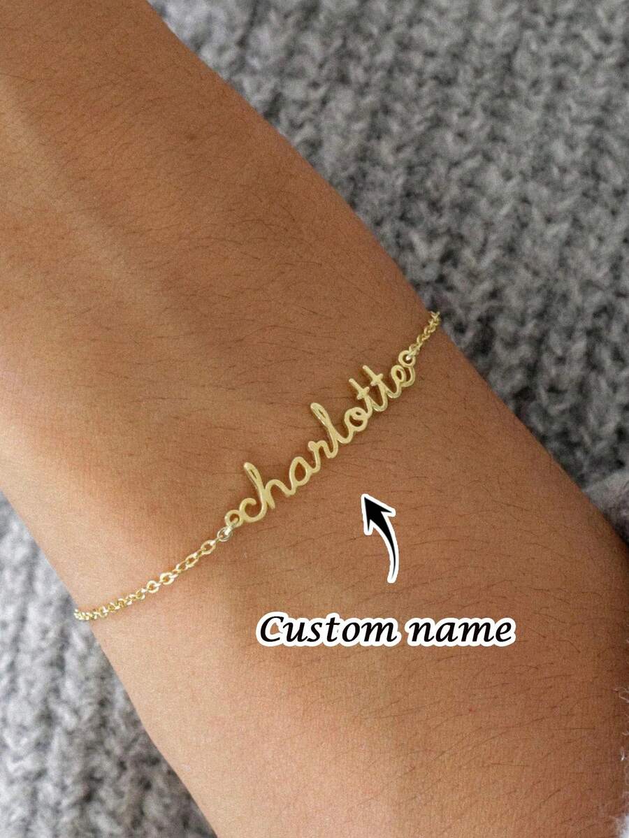 1PC Custom Name Bracelet, Delicate Bracelet, Sterling Silver Bracelet, Gold Bracelet, Name Bracelet, Women's Bracelet, Stainless Steel Bracelet, Simple Bracelet, Custom Gift, Valentine's Day, Ramadan, Mother's Day Gift, Personalized Gift For Her - Multicolor - View 1