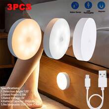 3个装感应衣柜灯 - 磁吸式，USB充电，8颗LED无线室内灯，120°超广角红外感应器，半嵌入式安装，塑料灯罩，电池供电，适用于走廊、楼梯、卧室等场所，红外感应，黄/白光LED，房间装饰，家居装饰，墙面装饰，卧室装饰，夜灯 - 彩色 - 查看 5