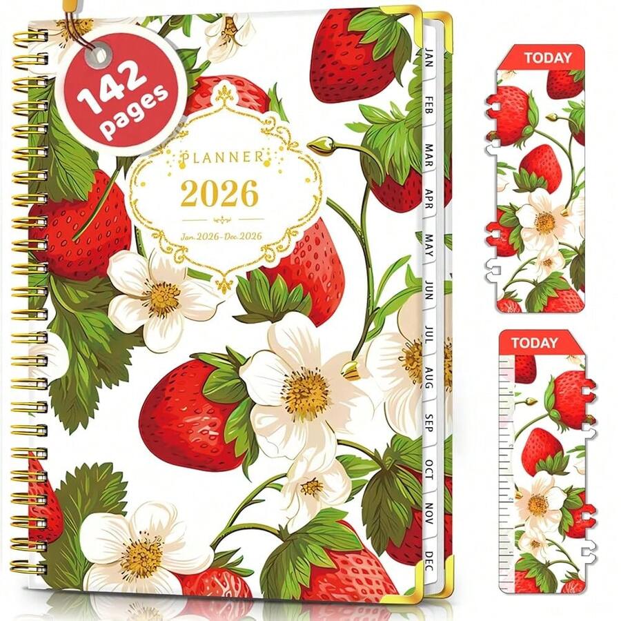 2026 Daily Weekly And Monthly Planner, Jan.2026 - Dec.2026, Hardcover Agenda Academic Planner Notebook Organizer With Month Tab, Inner Pocket 8.5'' X 6.2'', Strawberry - Strawberry - View 1