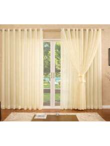 Luxury Plain Microfiber Curtain With Voile - Straw - View 1