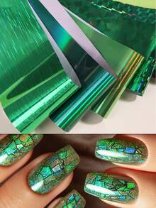 10片全息绿色美甲箔贴纸，金属绿色闪光亮片不对称薄片几何星空纸质DIY美甲贴膜装饰美甲用品 - 彩色 - 查看 4
