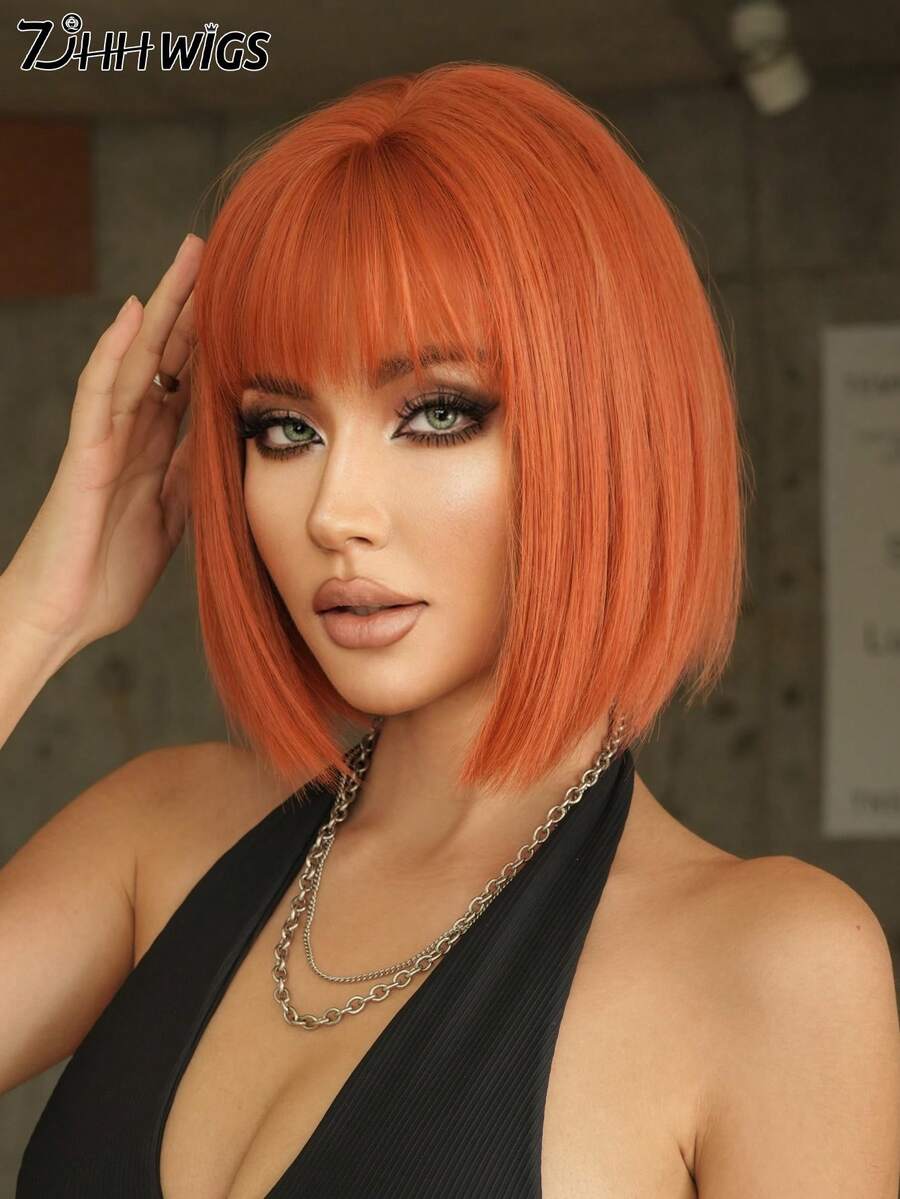 7JHH WIGS 女士短款橙色波波头假发，短直发带刘海，全机织合成耐热假发，适合日常派对、音乐节庆典和角色扮演等场合佩戴，12英寸