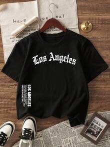 男童休闲印花圆领短袖T恤,夏季学生青少年服装 - 彩色字母印花T恤,为每个孩子带来欢乐!洛杉矶 - 黑色 - 查看 4