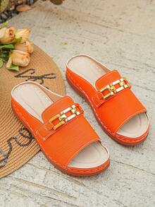 Sandal đế xuồng khoét mũi tròn màu cam thời trang mới mùa hè dành cho nữ, khóa kim loại, kiểu dáng slip-on, phù hợp cho hàng ngày, kỳ nghỉ, đi biển, nhẹ và thoải mái, họa tiết ngẫu nhiên. - Màu cam nổi - Xem 7