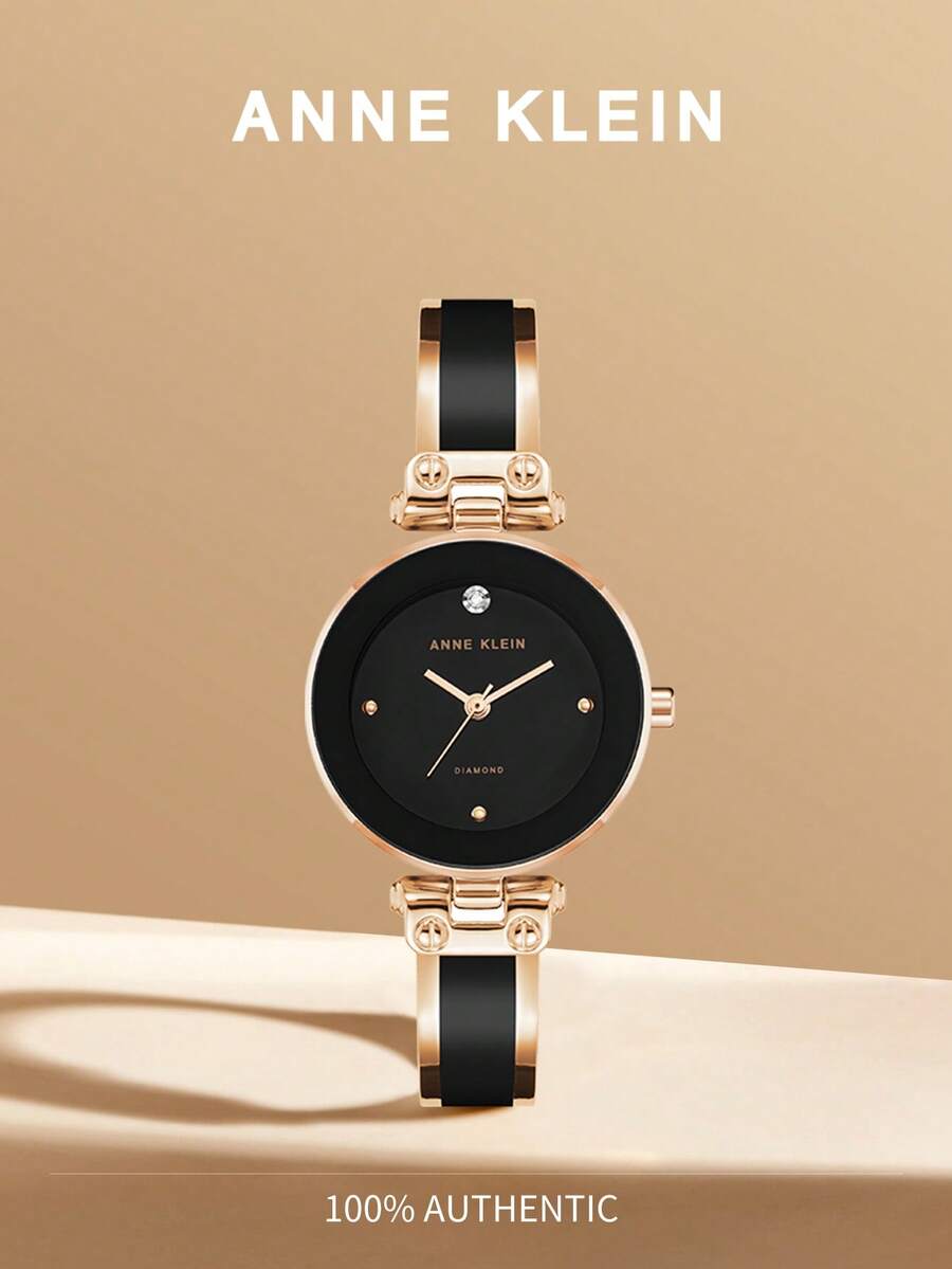 Anne Klein Damarmbandsur Snygga minimalistiska analoga rostfria kvartsur vattentäta klockor för kvinnor - Svart och roséguld - Visa 1