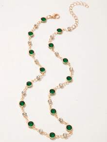1pc Vintage Green Rhinestone Necklace, Retro Short Choker Necklace For Women - Green - View 5
