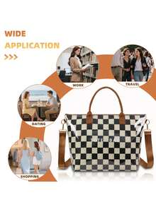 Plus Size Women Checkered PVC Tote Bag, Waterproof Shoulder Bag With Adjustable Strap, Suitable For Commuting - Black and White - View 6