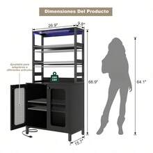 Muebles para Cocina, Gabinete para Vinos con Luces LED, Cantina Bar Mueble para Casa con Toma de Corriente, 5 Niveles Estante para Vinos y Copas, Gabinetes de Almacenamiento (Negro/Blanco) & cocina | cocina accesorios | accesorios para cocina - Negro - Ver 2