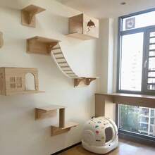 1pc Wooden Cat Wall Shelf, Cat Ladder Cat Wall Stairs, Cat Hammock Perch, Cat Wall Furniture, Max Load 12kg (26lb) - Apricot - View 2