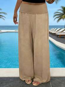 Y2K Women's Bohemian Linen Wide Waist And Wide Leg Fold-Out Pants, Solid Color Low Waist Relaxed Palazzo Pants, Comfortable Summer Beach Pants, Suitable For Everyday Leisure - 卡其色 - 查看 4
