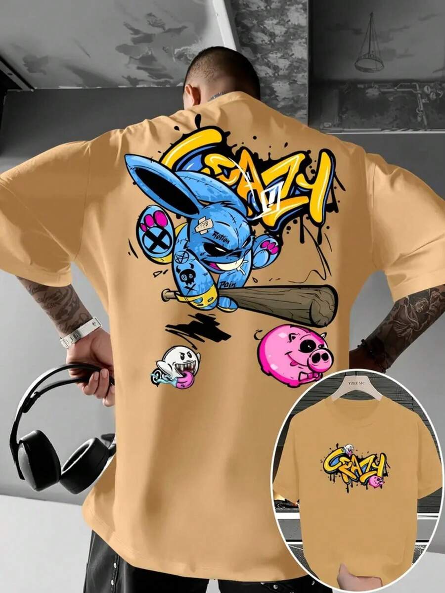 Men's Premium Cotton T-Shirt, Adult Plus Size, Kids Streetwear, Oversized, Crazy Rabbit Pig Hammer Print, Cartoon Style, Casual - Beige - View 1