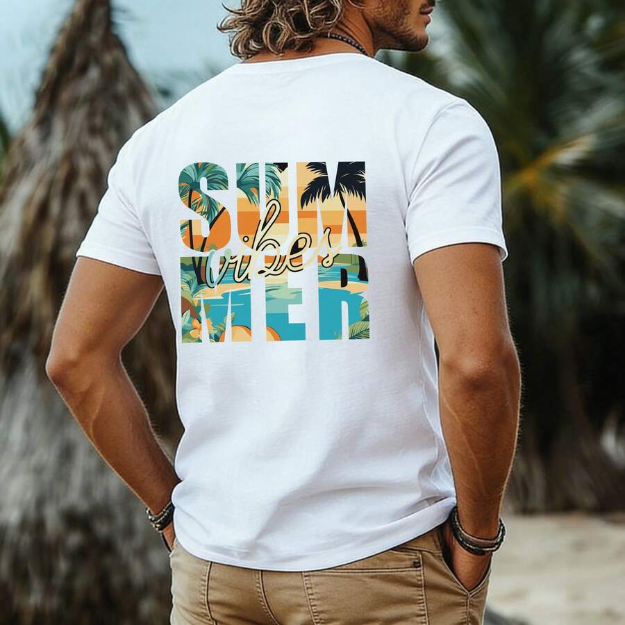 Men's Creative Vacation Style Casual Loose Fit Short Sleeve T-Shirt - White - View 1